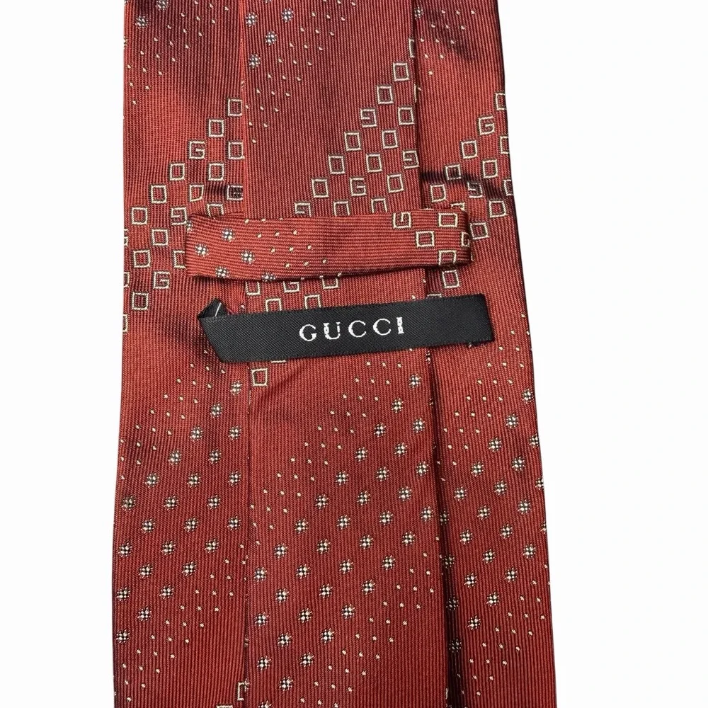 Gucci Men's Tie GG Monogram Logo Rust Red Satin Silk Italy 4
